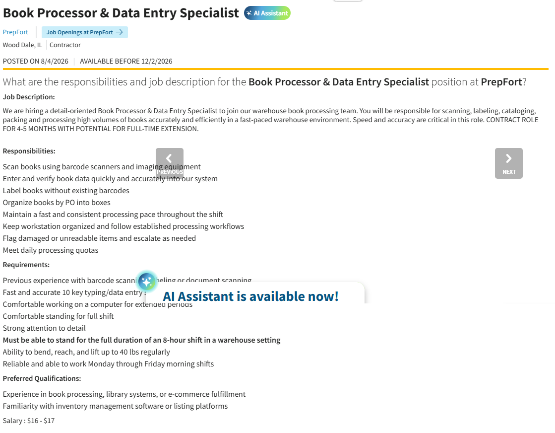 Annuncio Career.com per la posizione Book Processor & Data Entry Specialist presso PrepFort a Wood Dale, Illinois, pubblicato il 4 agosto 2026, con riferimenti a barcode scanner, apparecchiature di imaging e quote giornaliere di lavorazione.